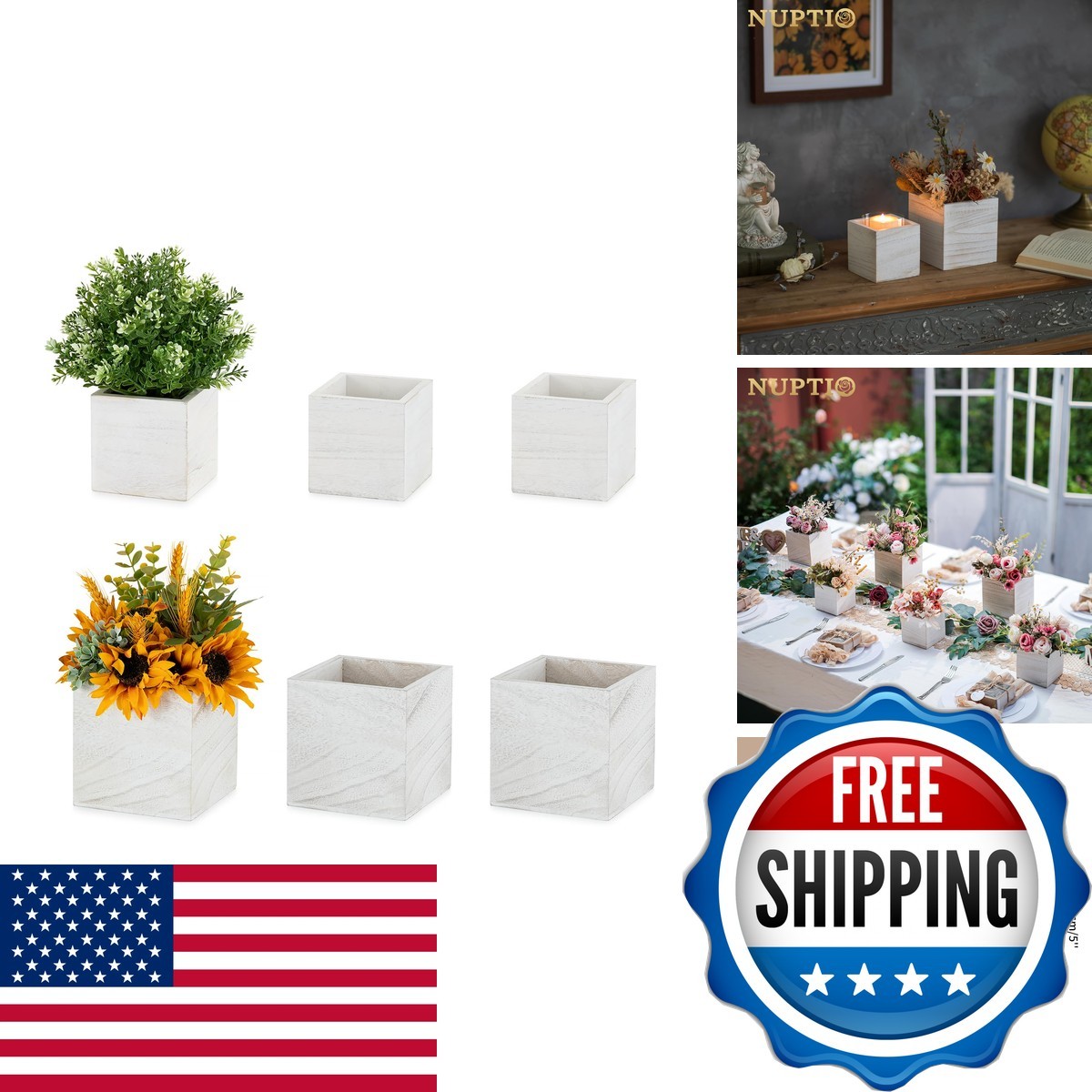 NUPTIO Small Wooden For Centerpiece, Whitewashed, Square, 4 NUPTIO Small Wooden For Centerpiece, Whitewashed, Square, 4