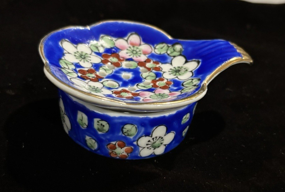 Vintage Cobalt blue/ floral  Tea Strainer two pieces Porcelain