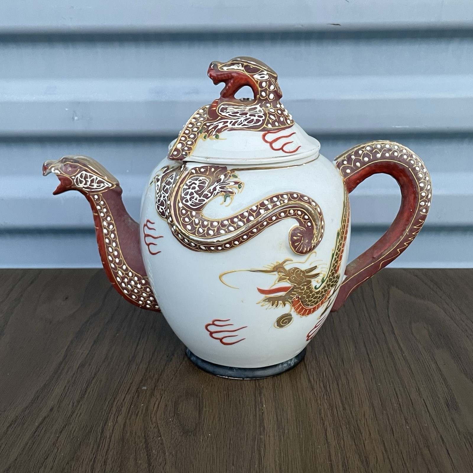 Vintage Japanese Dragonware Kutani Moriage Hand Painted Teapot