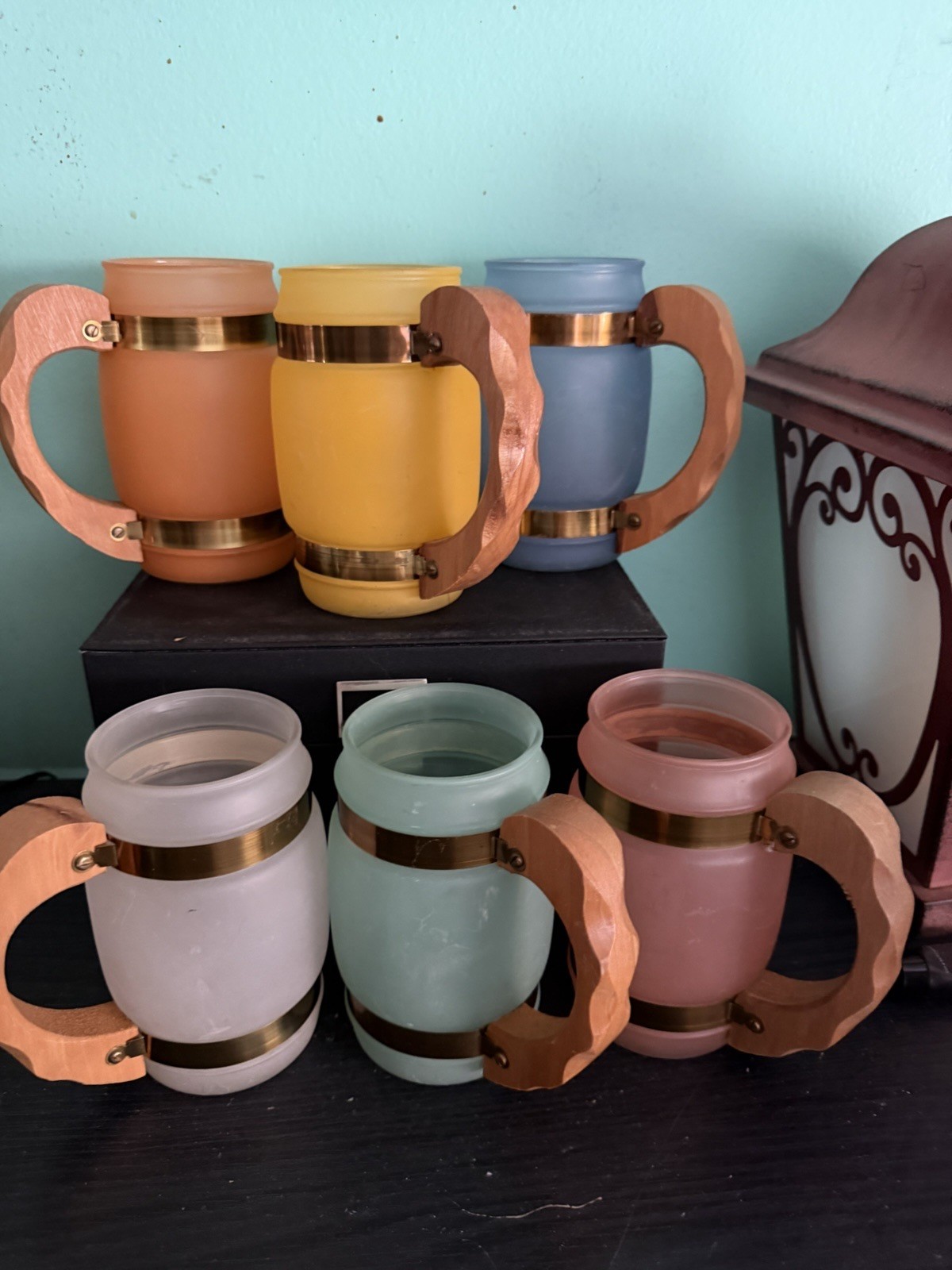 Set Of 6 Siesta Ware Pastel Frosted Mugs Wood Handles VG Vintage MCM Barware