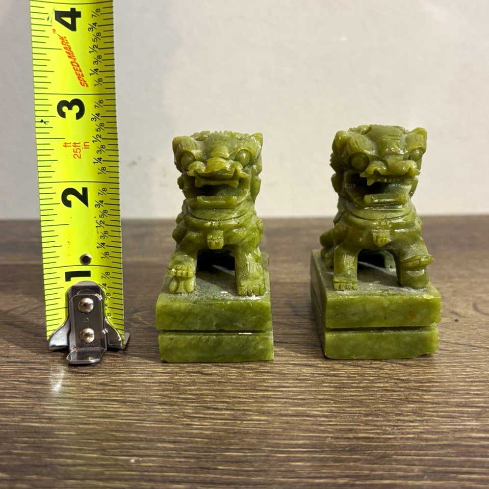 Vintage Chinese Carved Green Serpentine Stone Foo Dogs Guardian Lions Pair 2.75”