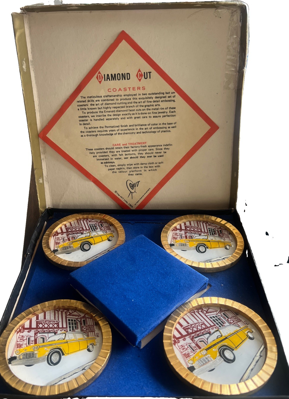 Vtg 1968 Diamond Cut Coasters The HIT  Yellow Classic Car Set 4 Boxed MCM Taxi