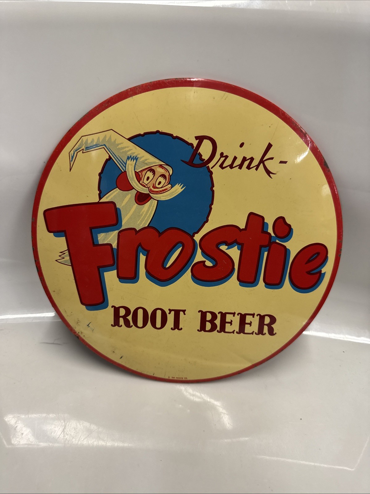 VINTAGE 1950\'S FROSTIE ROOT BEER SODA POP GAS STATION METAL SIGN  9”
