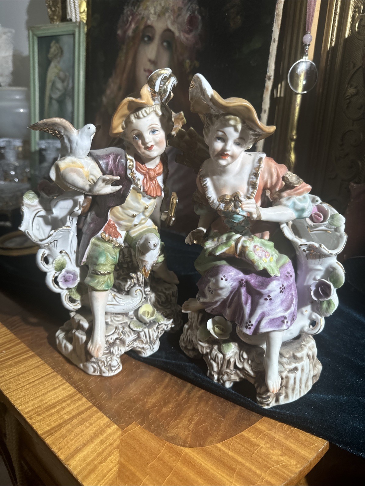 Vintage Capodimonte Porcelain Rococo Courting Couple Pair Figurines N Mark, 10”