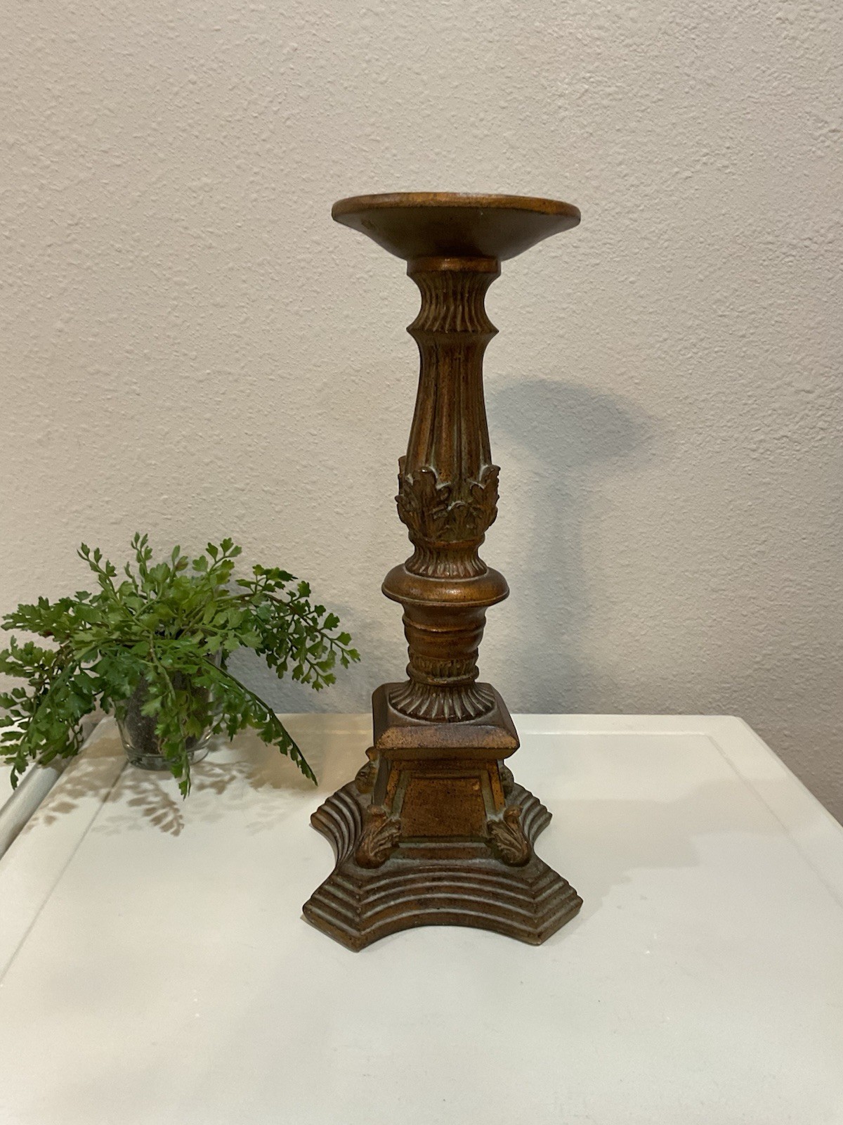 Vtg Ornate Resin Gold Brown Acanthus Leaf Pedestal Base Pillar Candle Holder 11”