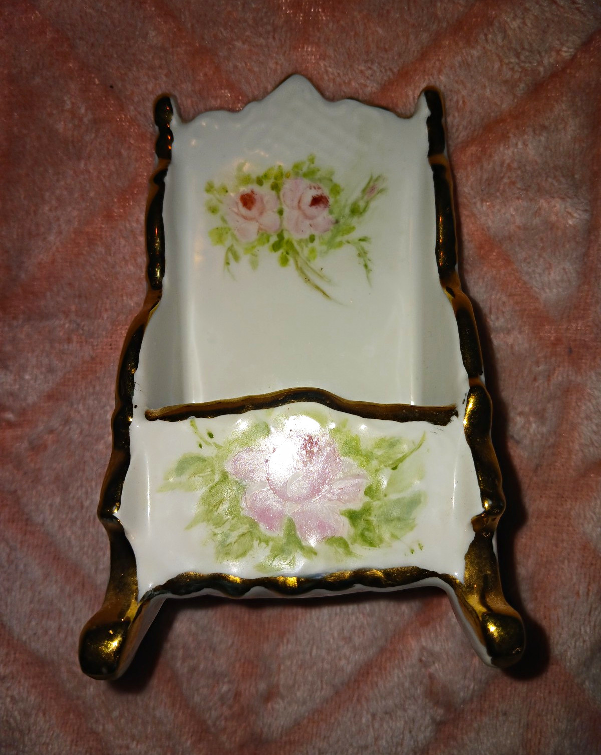 Vintage Hand-painted Porcelain Piece Match Holder Floral Design Gold Trim