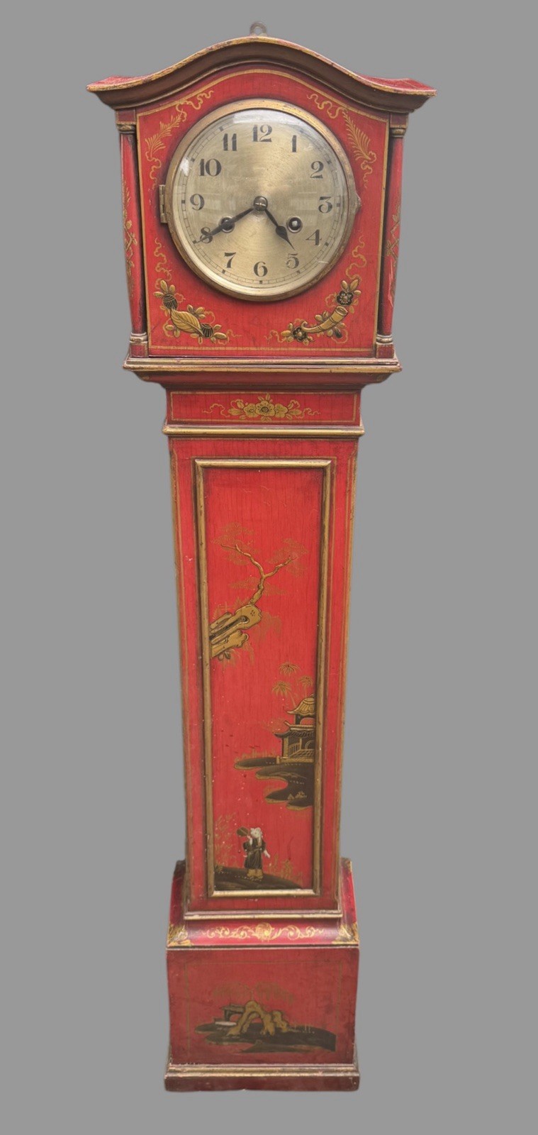 Antique 1920s English Chinoiserie Grandmother Clock Red Lacquer 50.5” Longcase