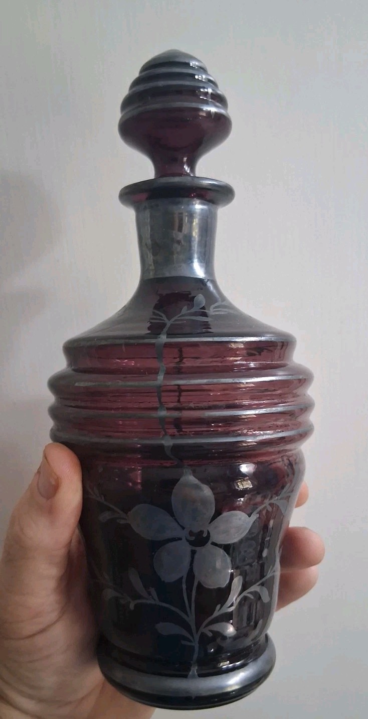 MCM Vintage Italian Glass Decanter Amethyst  Purple Sterling Gilt Retro Bar 50s