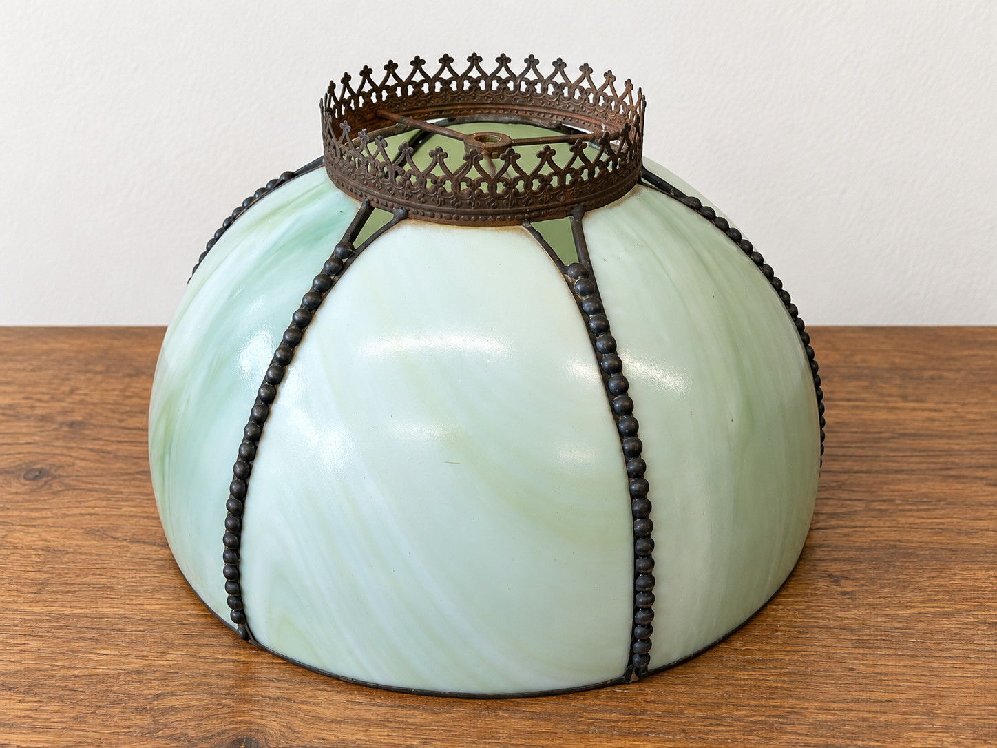 Vintage Slag Glass Lamp Shade 6 Panel Green Cream Ornate Metal Frame 15.5