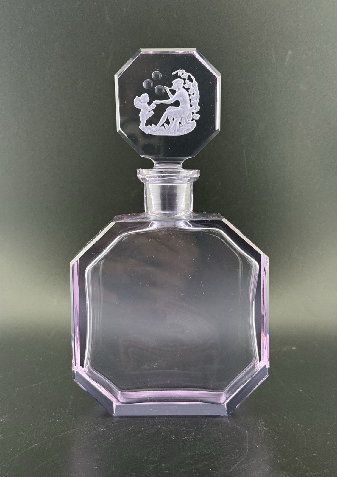 Antique 1930s Heinrich Hoffmann Purple Intaglio Cut Crystal Perfume Bottle GLOWS