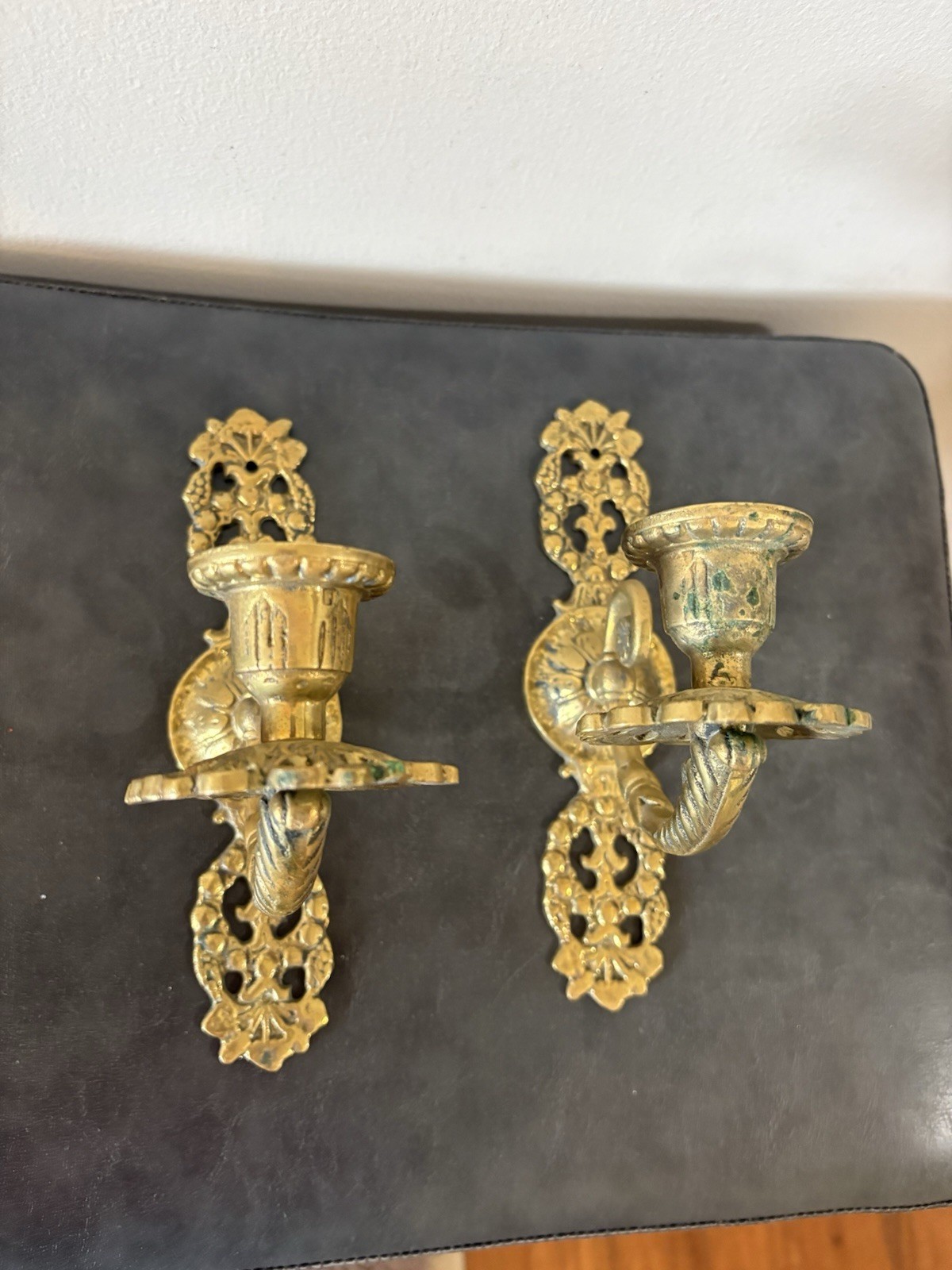 Vtg 2 Ornate Brass Candle Wall Sconce French Art Nouveau Holder Cottagecore MCM Vtg 2 Ornate Brass Candle Wall Sconce French Art Nouveau Holder Cottagecore MCM