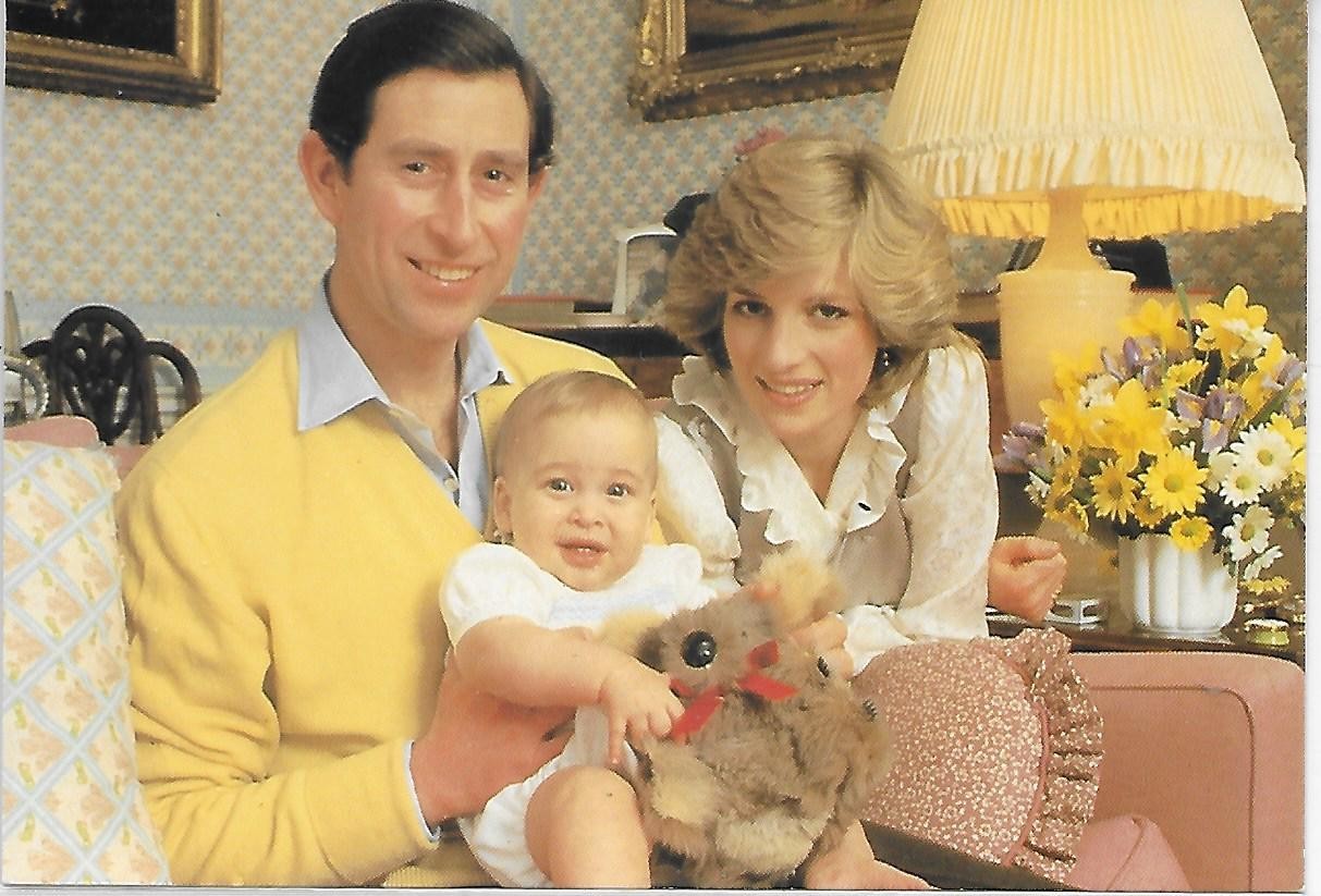 Postcard Prince Charles Princess Diana w/ Prince William A Skilton Card c1983