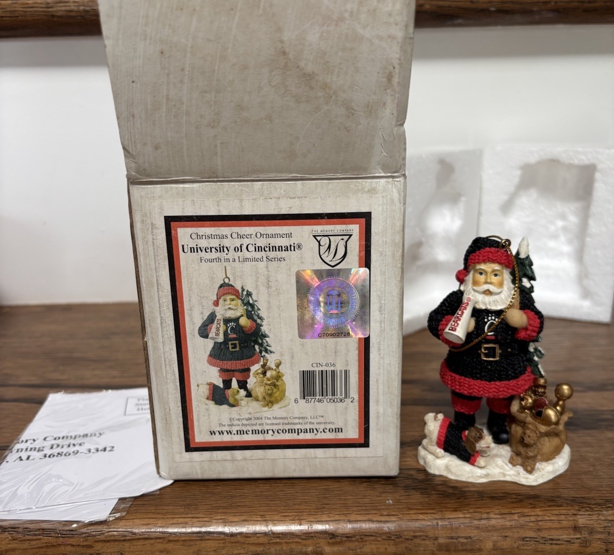 Rare Vintage Cincinnati Bearcats 2004 Christmas Cheer Santa Ornament - NIB