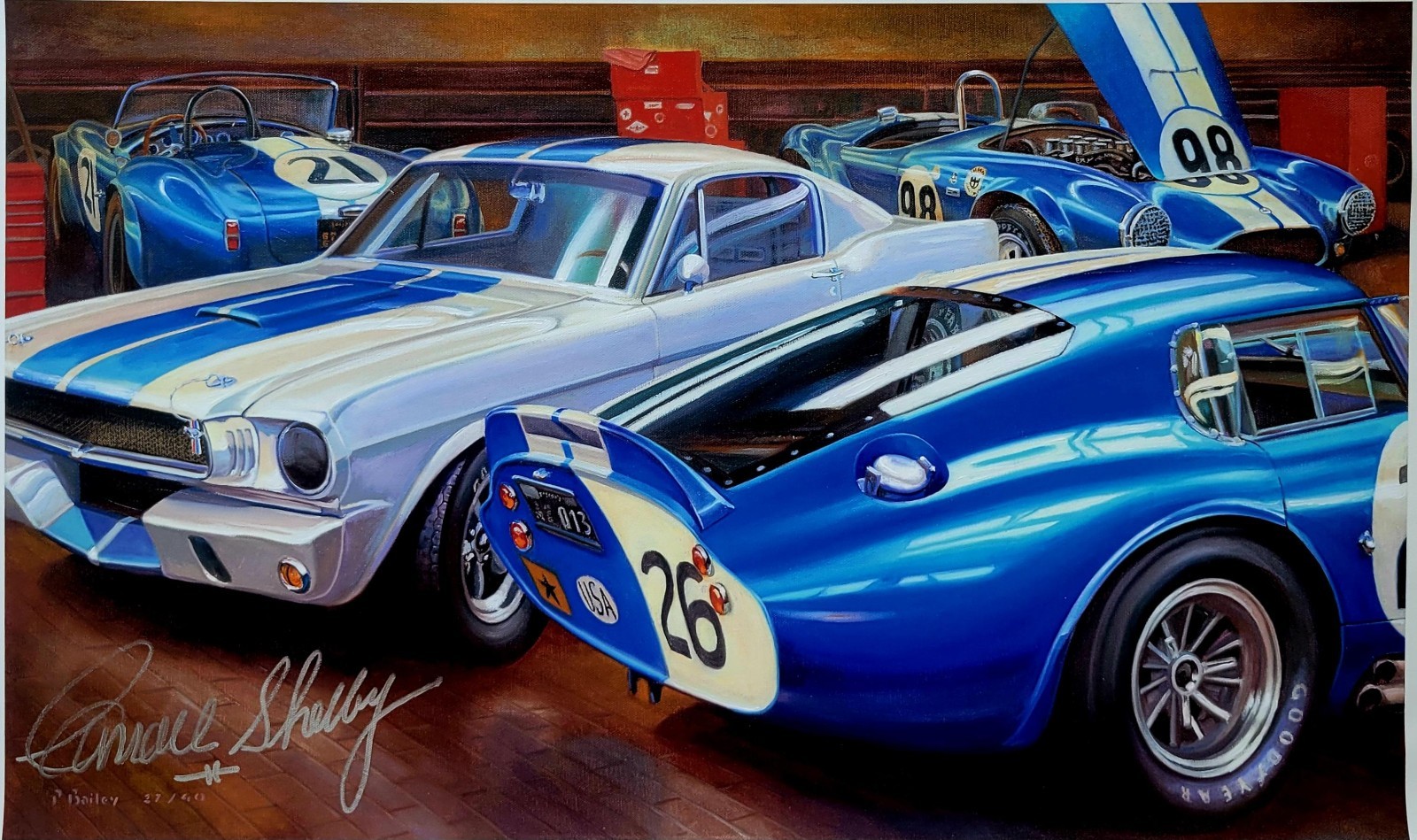 Shelby\'s Garage Giclée Canvas Autographed by Carroll Shelby Pat Bailey #26/40
