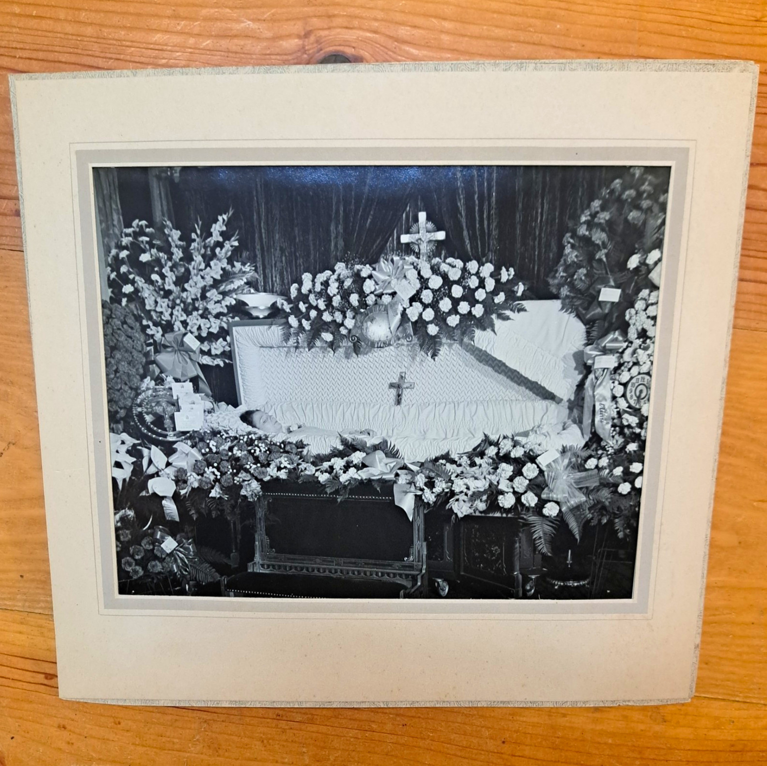 Vintage Post Mortem Photo Open Casket Funeral Scene Flowers Bi-Fold Studio Mount