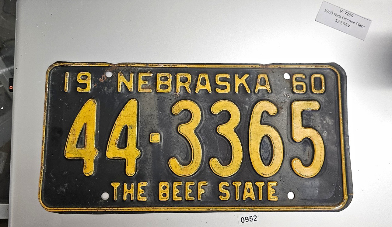 1960 Nebraska License Plate 44-3365 \