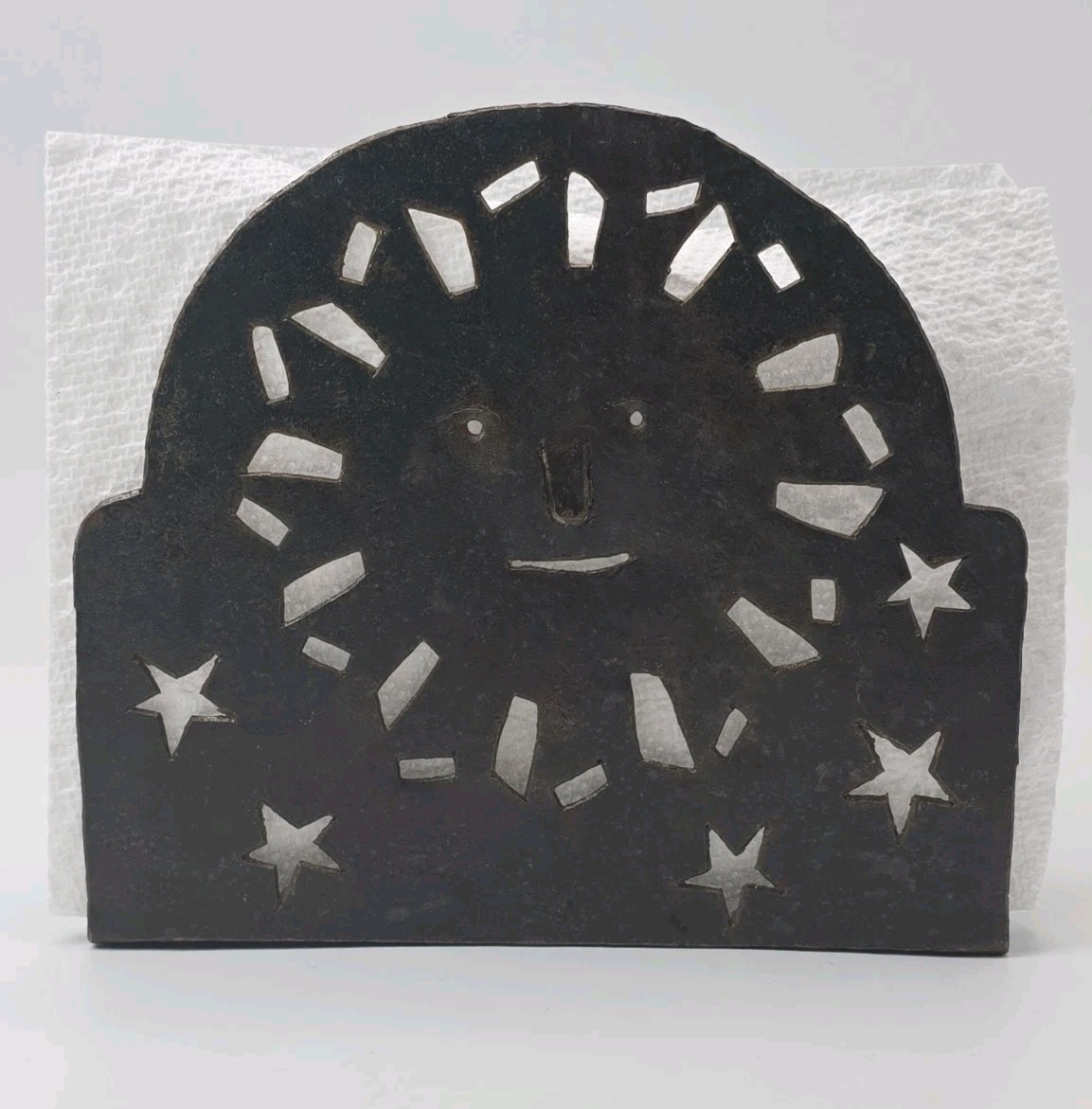 Vintage Bohemian Sun Celestial Rustic Metal Napkin or Mail Holder