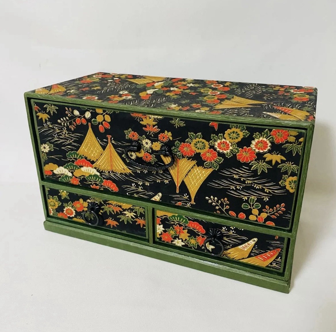 Vintage Japanese Chiyogami Mini Tansu 3 Drawer Chest Floral Showa Retro Japan