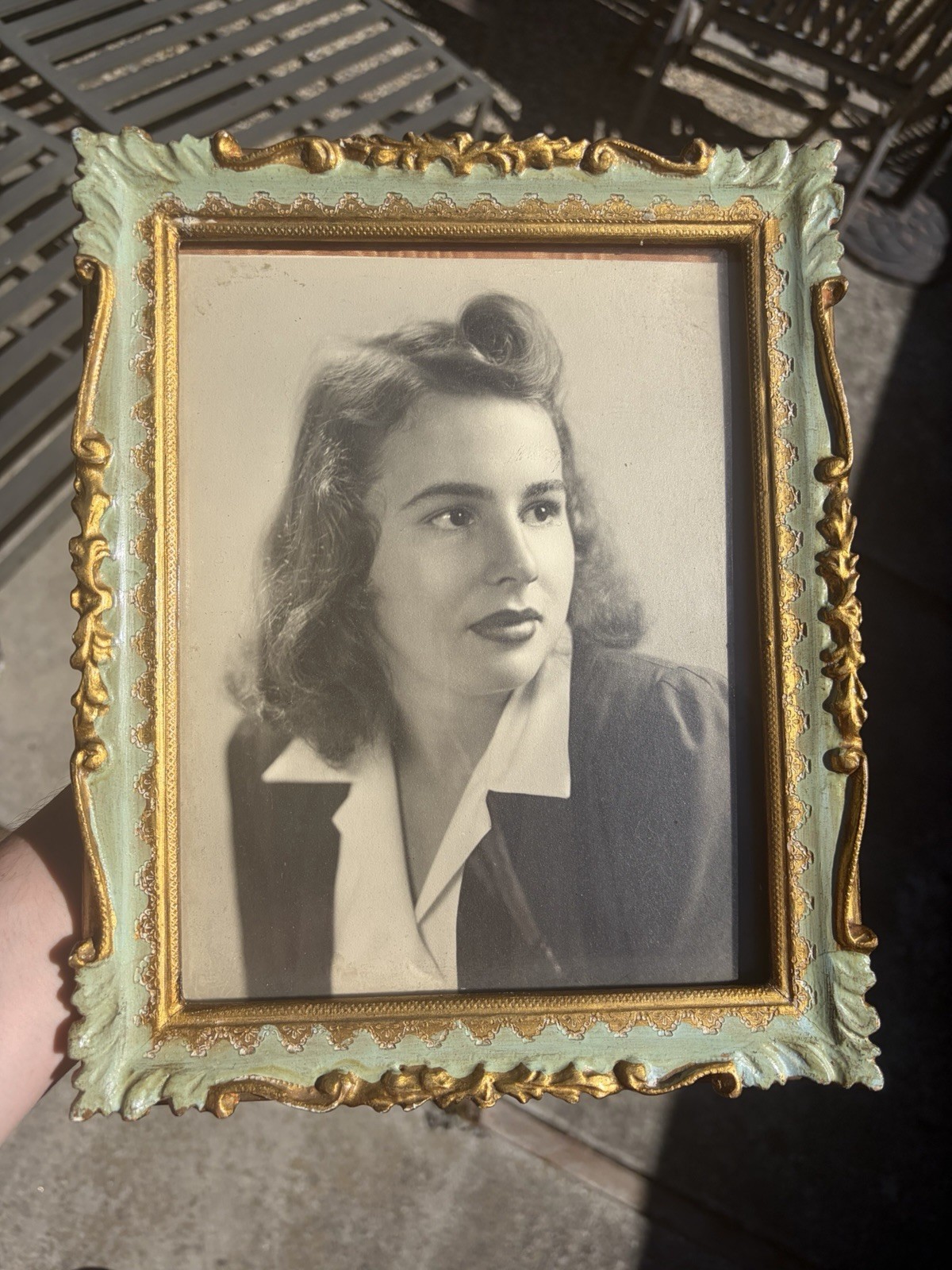Beautiful Vintage 1940s Ornate Painted Gilded Gold Wood Picture Frame Pretty Gal
