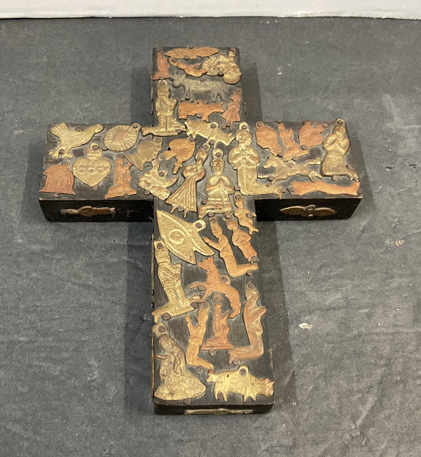 Vintage Estela Ogazon Mexican Folk Art Milagros Wood Cross Signed