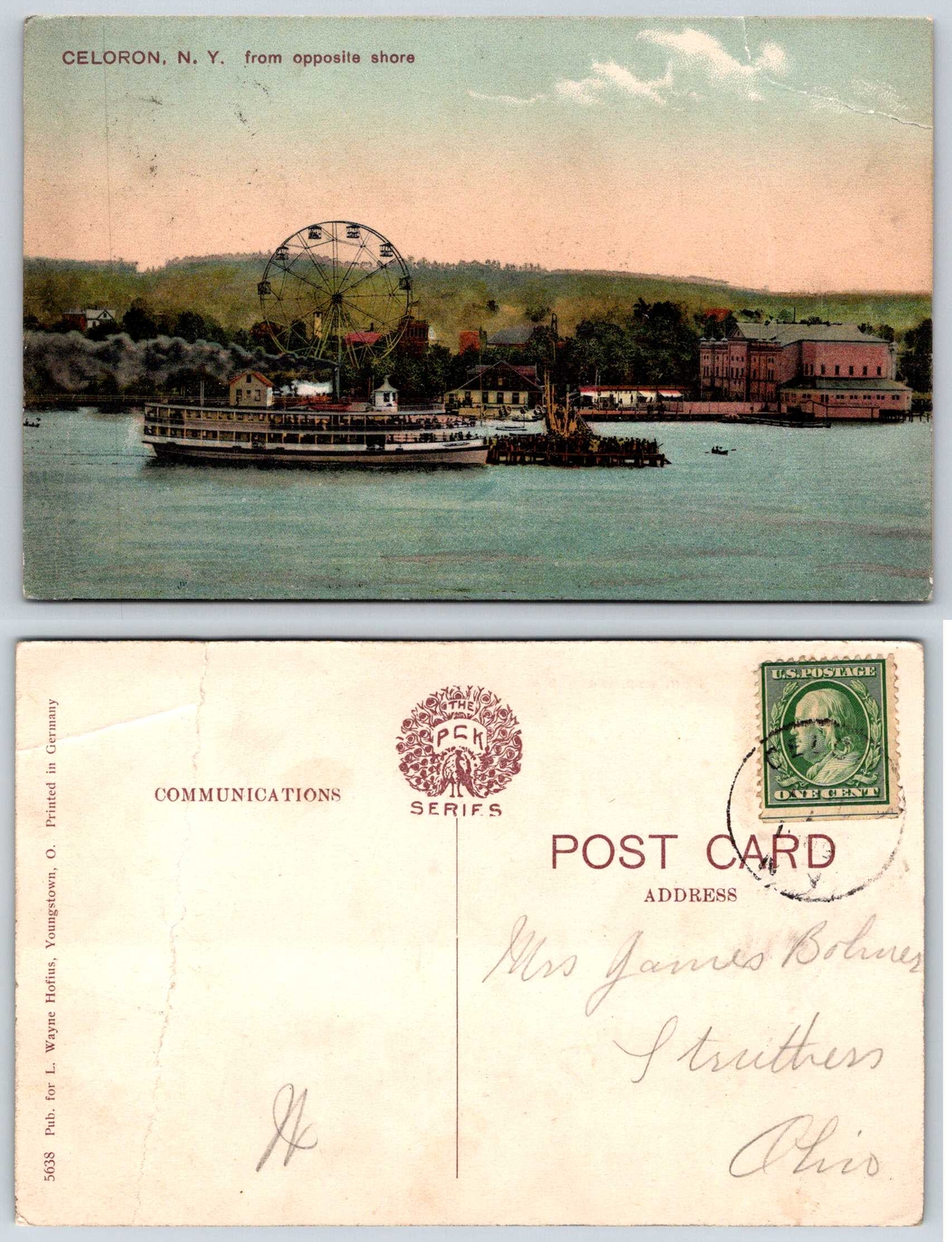 Celeron New York FERRIS WHEEL TOURIST BOAT @ DOCK Postcard S332 w/ crease & tear