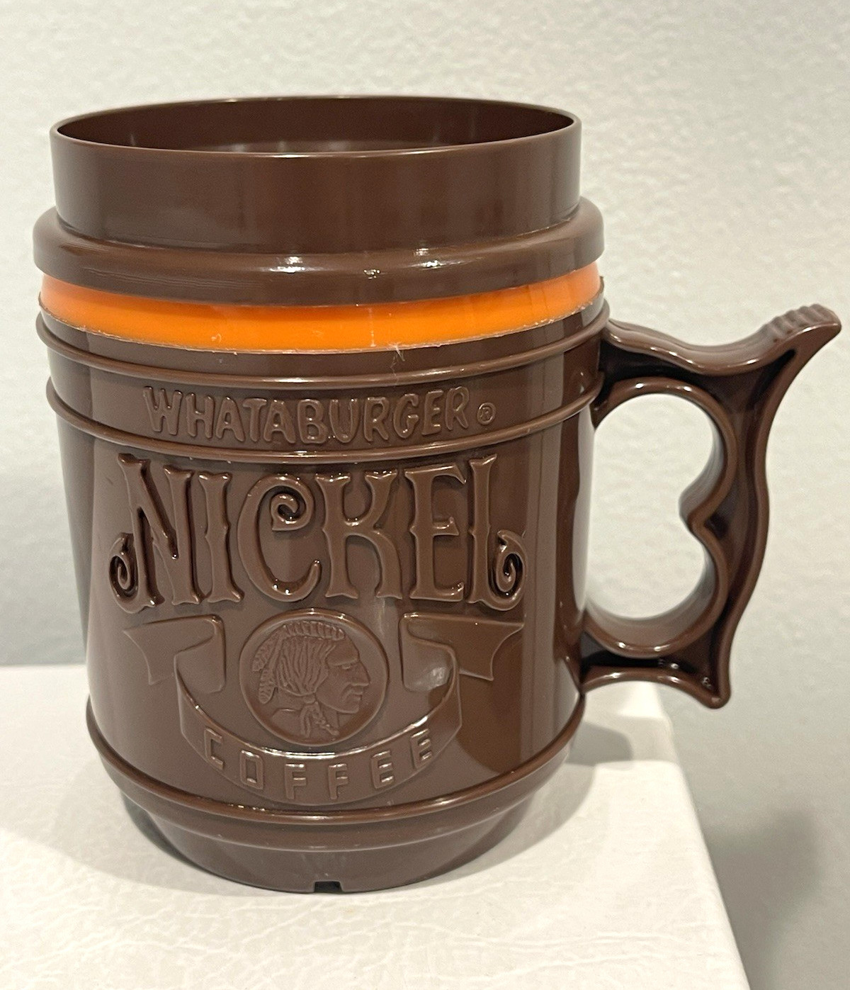 Whataburger Vintage Nickel Coffee Plastic Mug Brown w/ lid