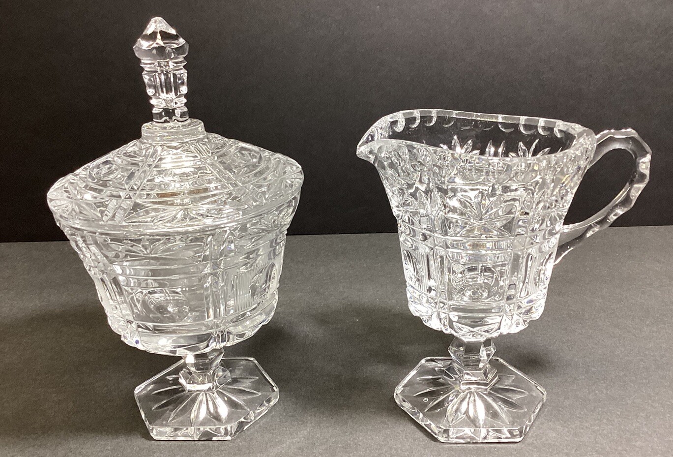 Fancy Vintage Pressed Clear Glass Heavy Pedestal Creamer And Lidded Sugar