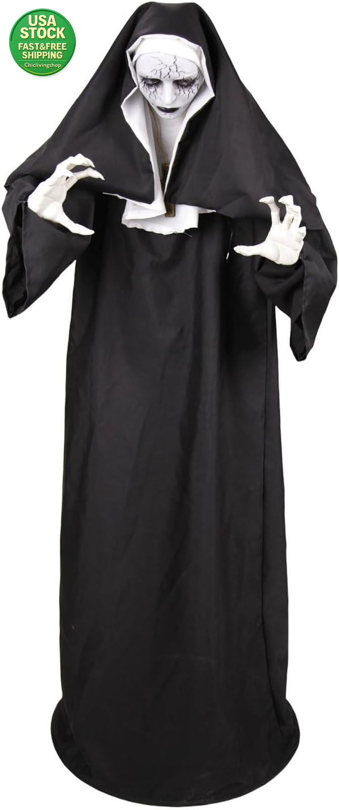 5.4 Ft Jump Scare Nun Halloween Animatronic Motion Activated LED Eyes Prop