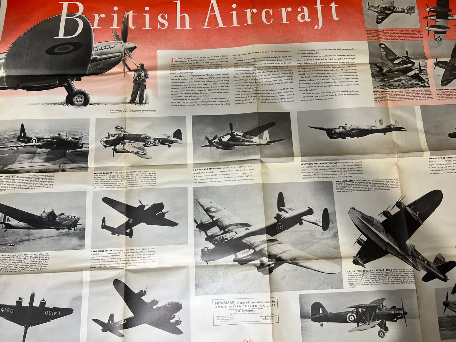 Vtg Antique World War II News Map. Double Sided British Aircraft Museum Piece