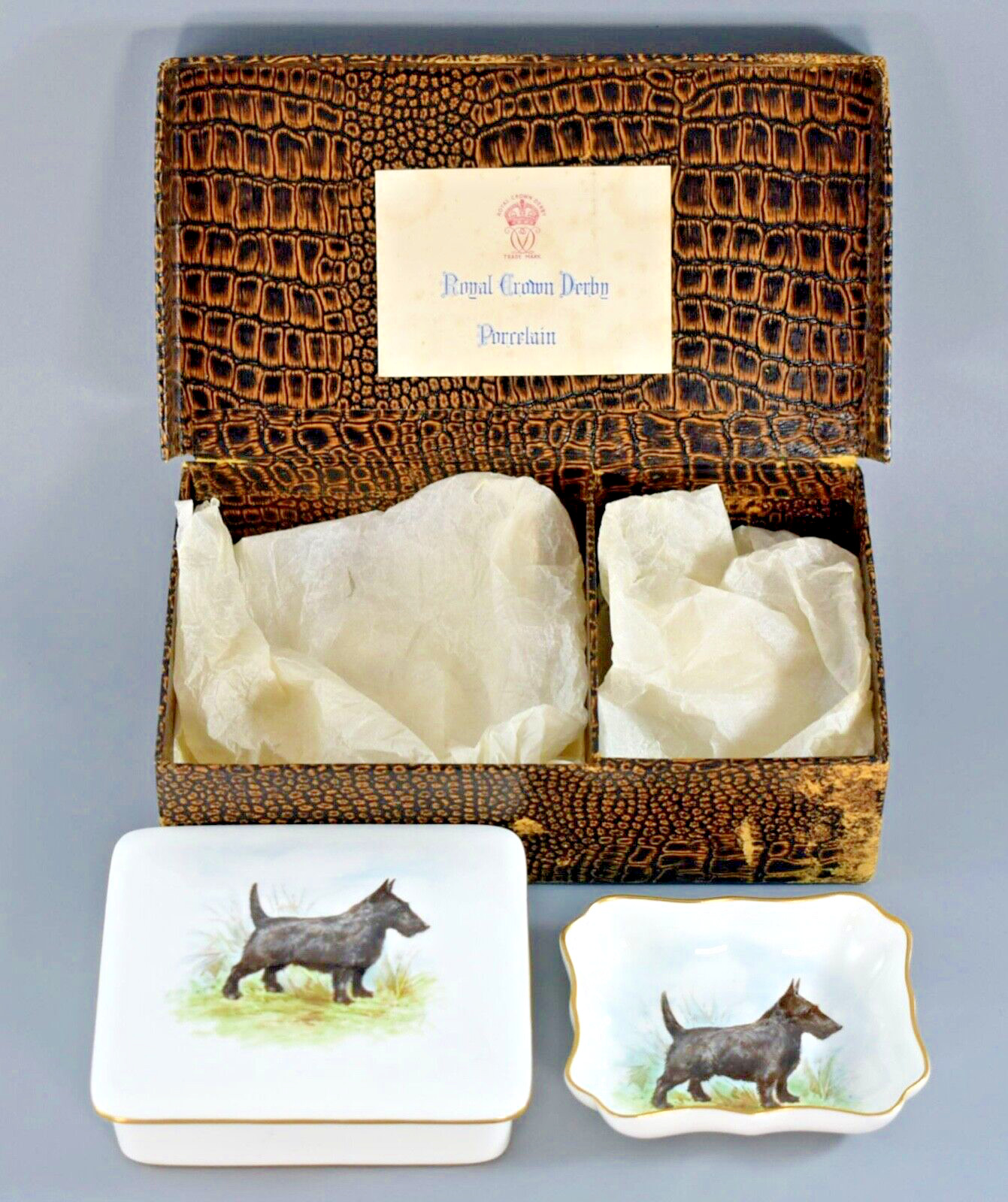 VINTAGE ROYAL CROWN DERBY SCOTTIE DOG PORCELAIN TRINKET BOX & PIN DISH 1940