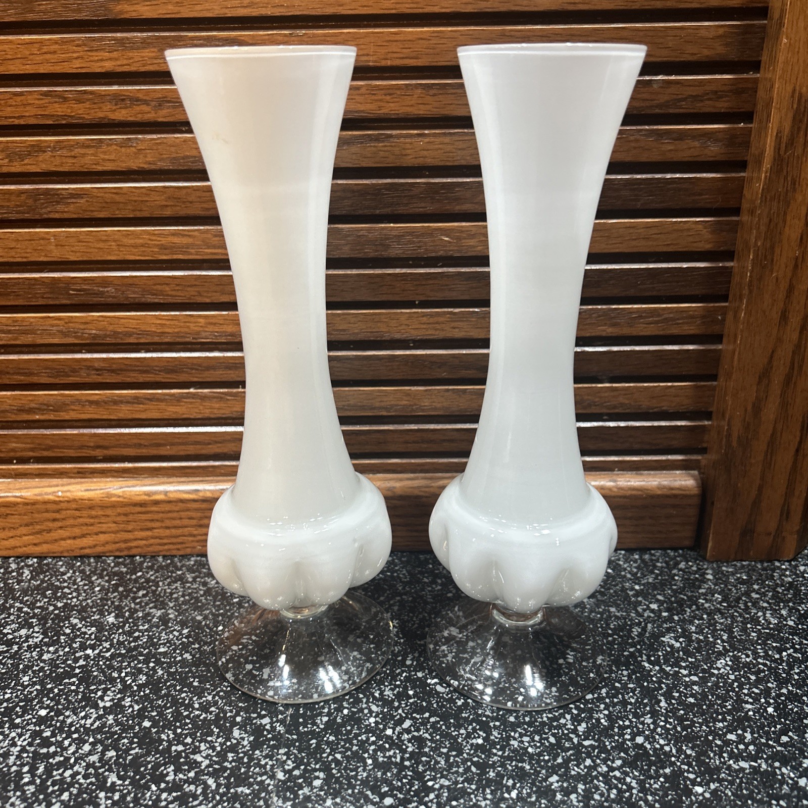Set Of 2 Vintage 9”Tall White Opaline Bud Vase With Clear Footed Bottom