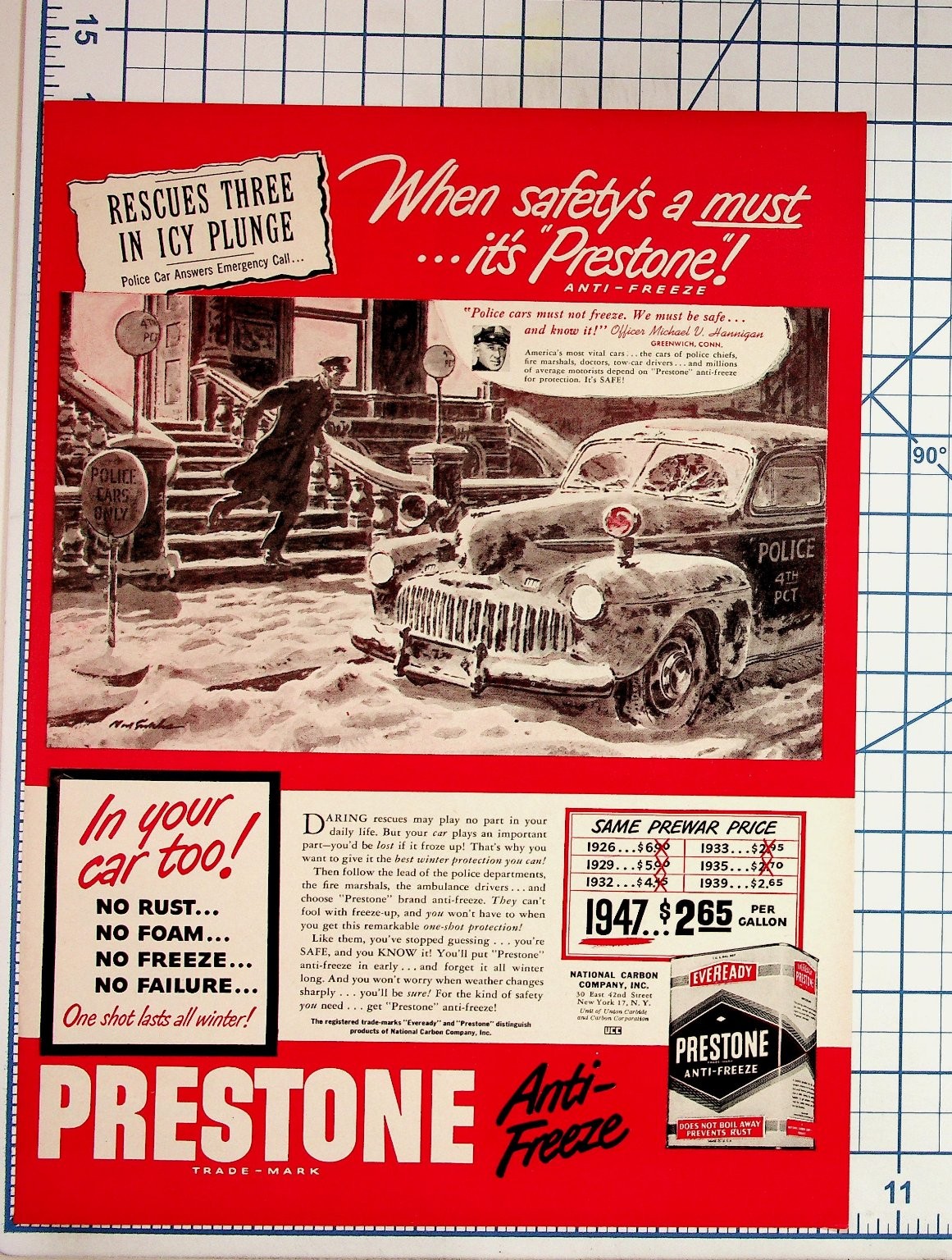 1947 Prestone Anti-Freeze Magazine Ad Police Car Officer Michael Hannigan