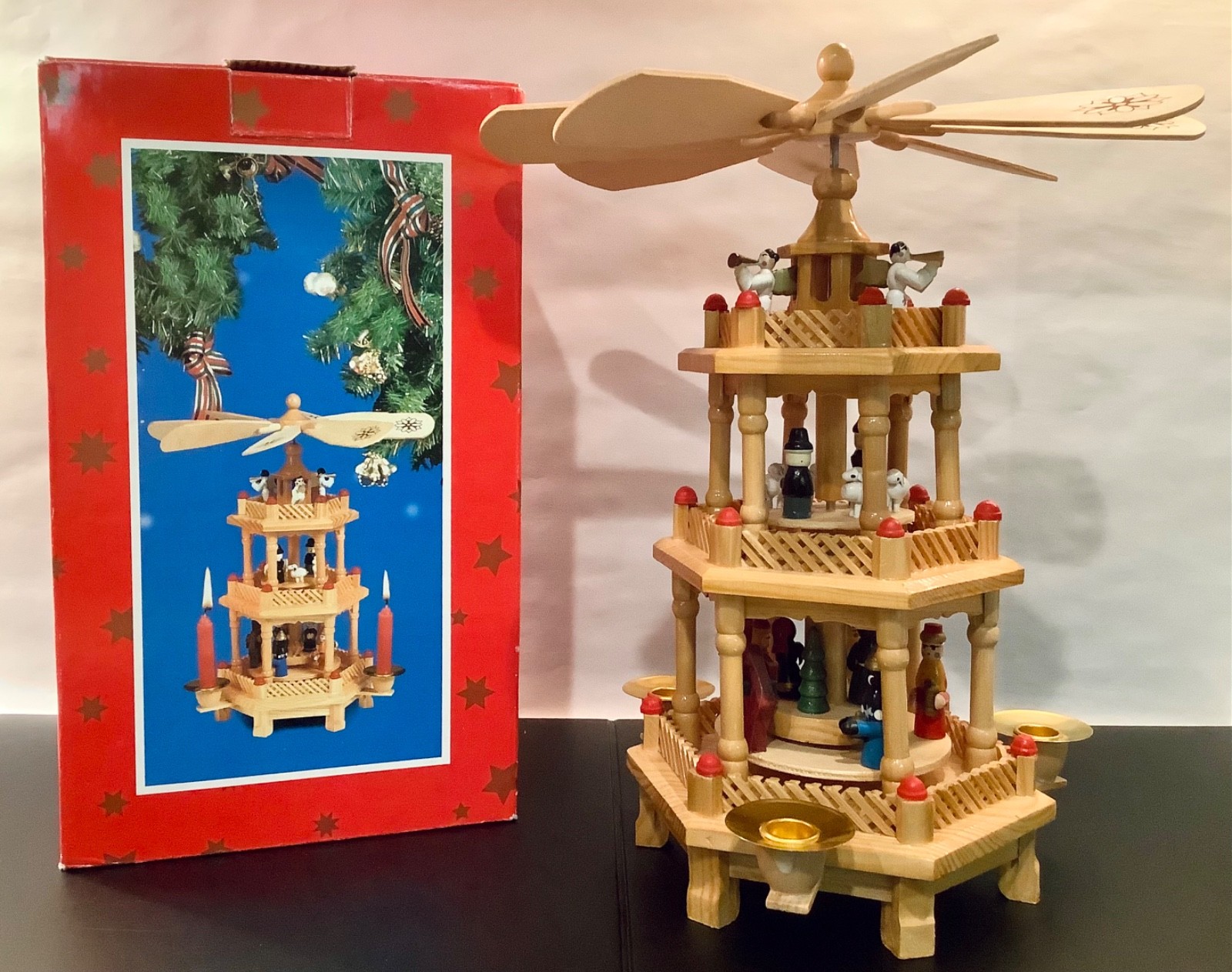 Vintage 11.5” German Weihnachtspyramide 3 Tier Nativity Carousel - New in Box