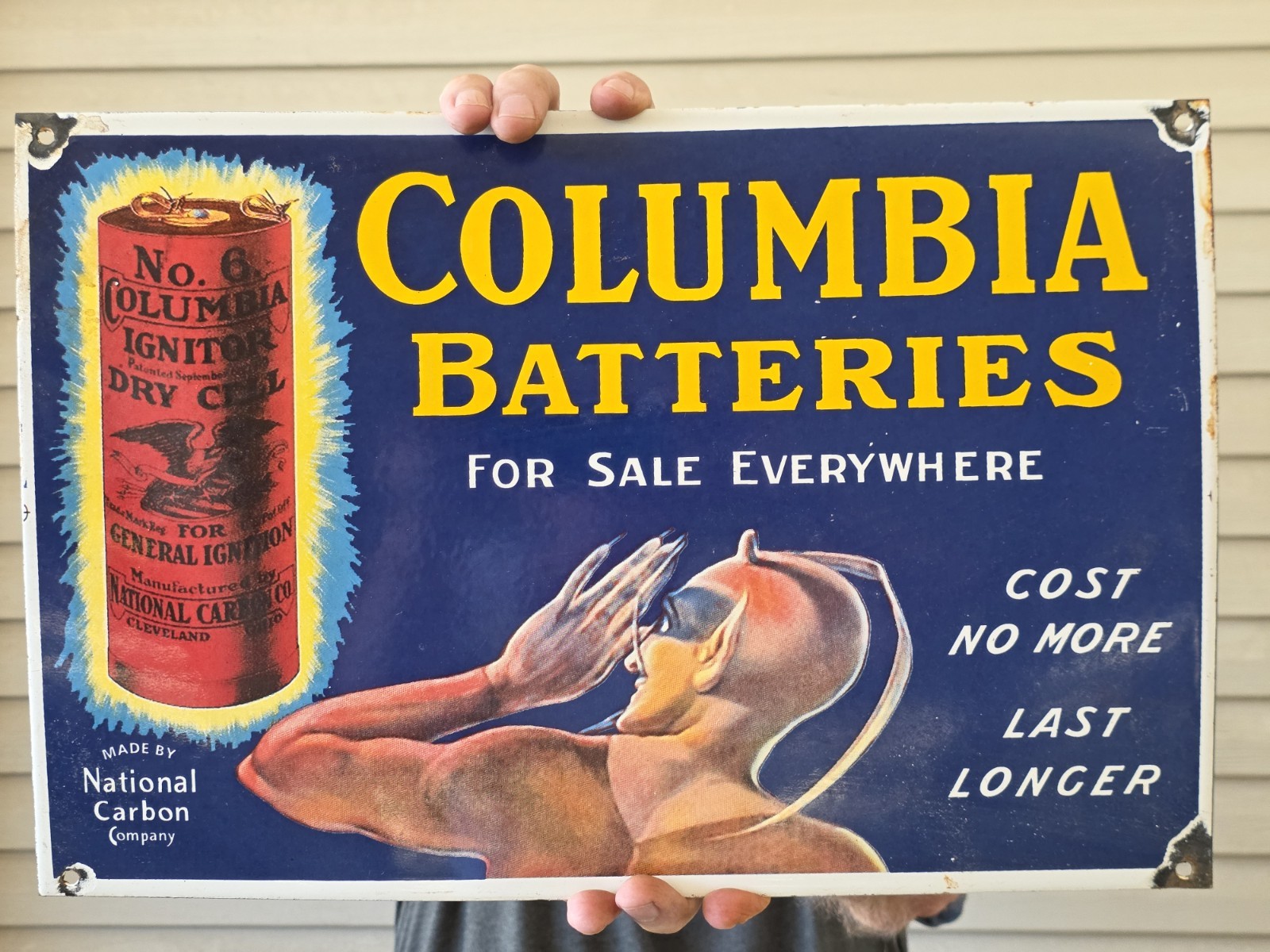 LARGE COLUMBIA BATTERIES  PORCELAIN SIGN GASOLINE OIL 16.5