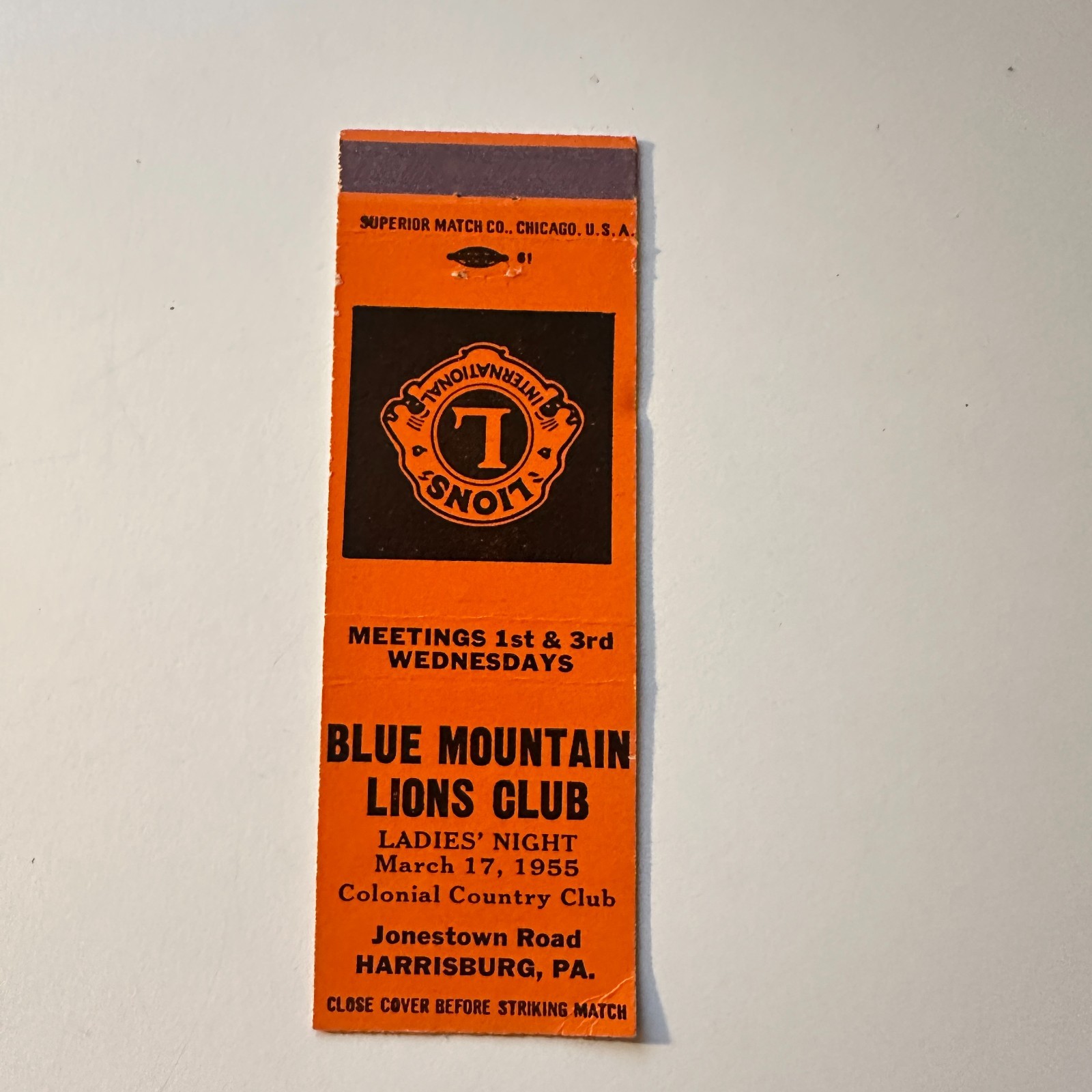 Blue Mountain Lions Club Harrisburg PA Vintage Matchbook Cover 5MB126-1-8