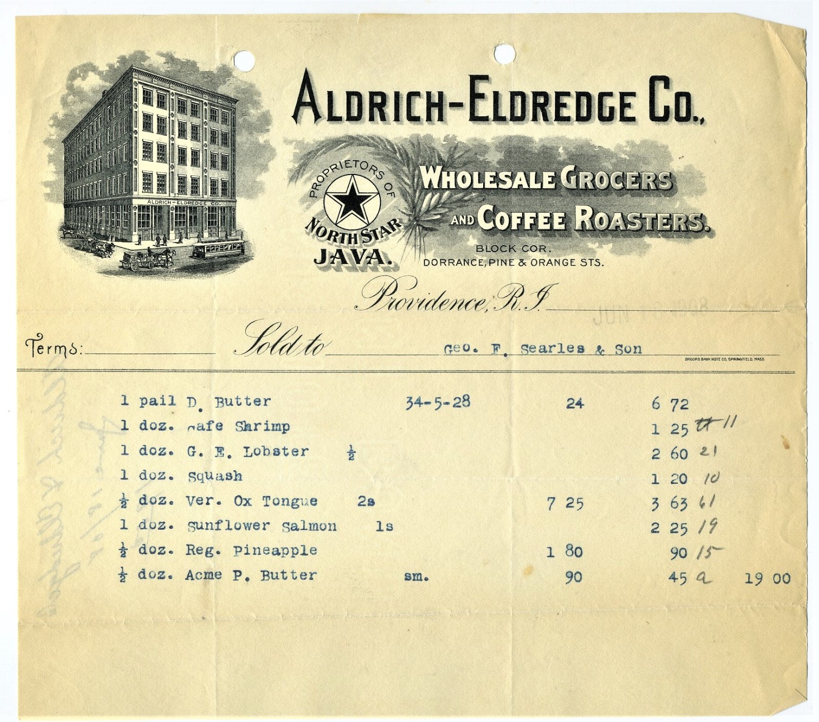 GRAPHIC 1908 BILLHEAD ALDRICH-ELDREDGE WHOLESALE GROCERY PROVIDENCE RHODE ISLAND GRAPHIC 1908 BILLHEAD ALDRICH-ELDREDGE WHOLESALE GROCERY PROVIDENCE RHODE ISLAND