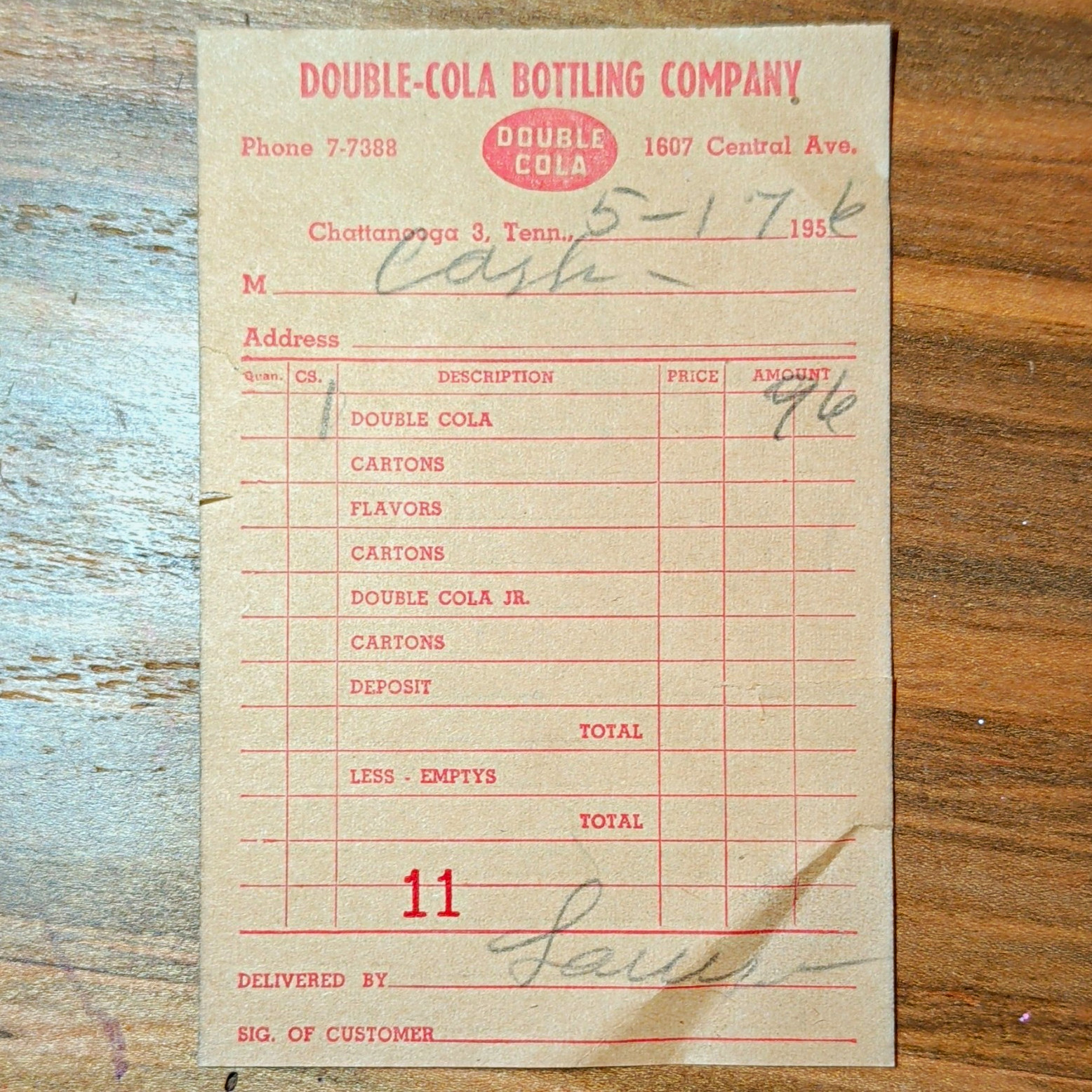 Double Cola 1956 Bottling Co Receipt/Invoice Chattanooga TN 1607 Central Ave