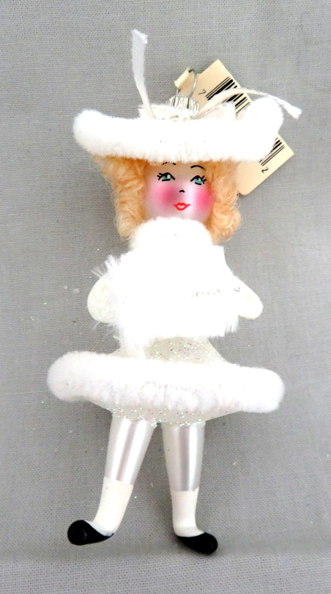 Vintage Italian De Carlini Glass Christmas Ornament ~ Girl w/ Fur & Muff  NWT
