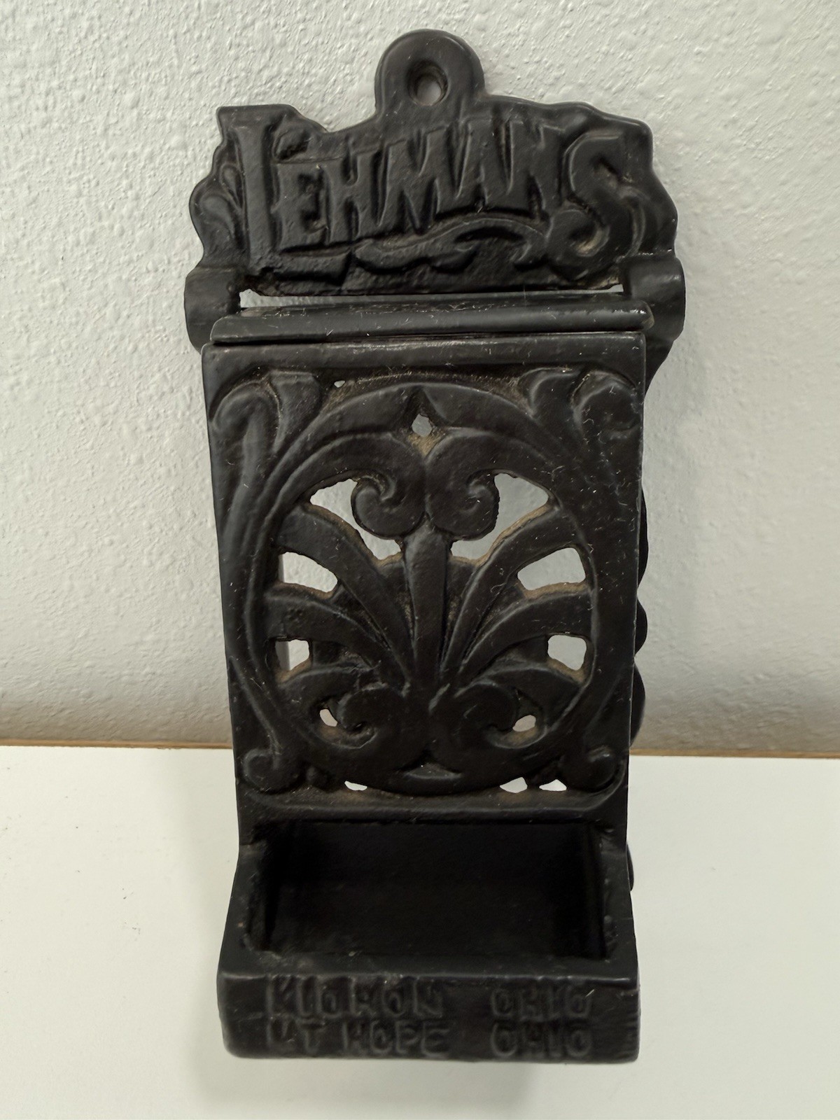 Vintage Lehman’s Kidron Ohio - Mt Hope Ohio Cast Iron Match Holder Hangs On Wall