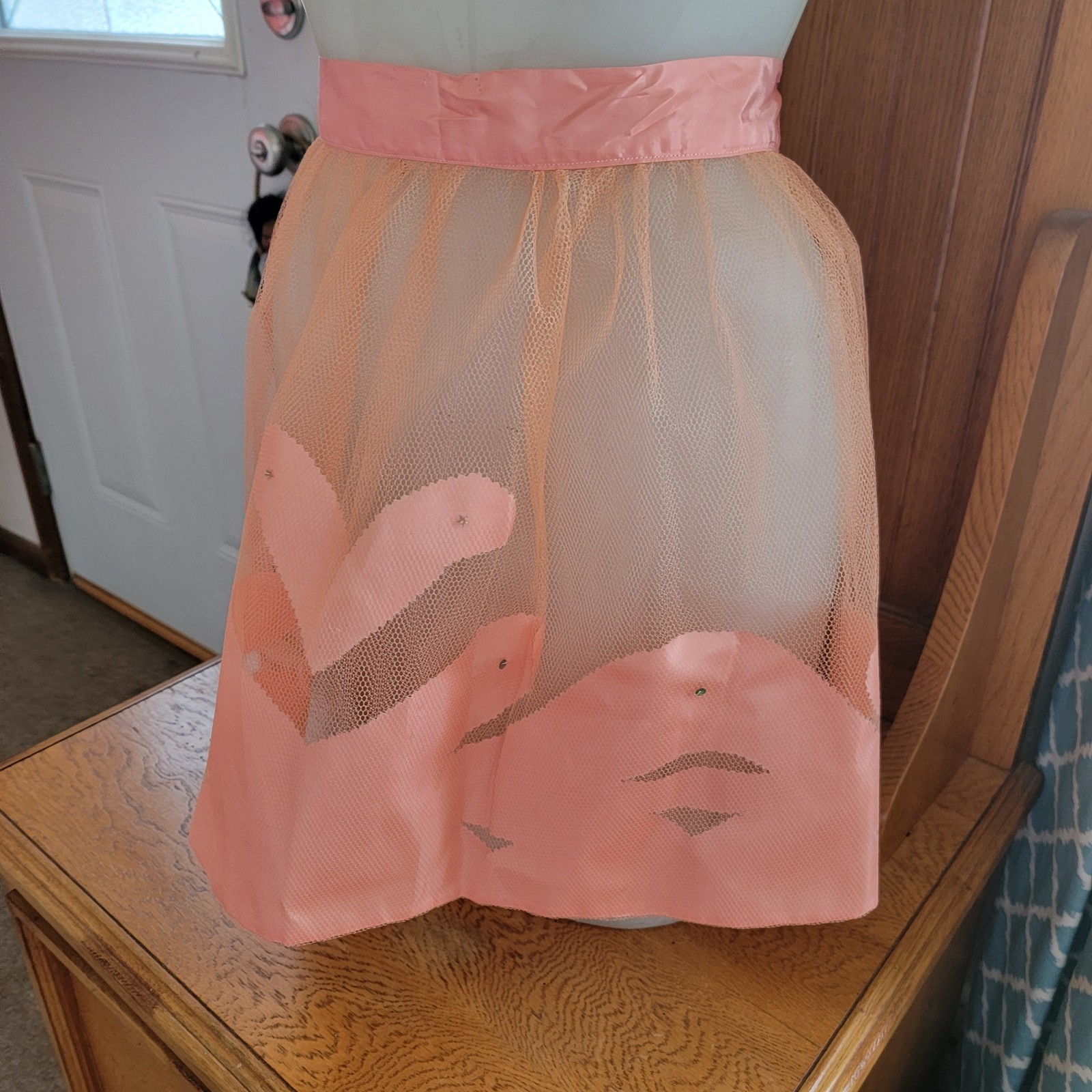 VTG 50s Peach Net Half Apron Applique Rhinestone 