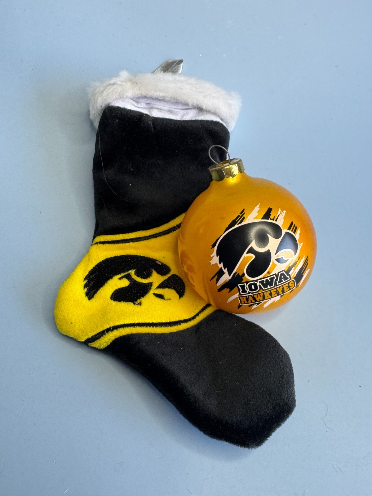 2 Iowa Hawkeyes Christmas Ornament Blown Glass Ornament Fabric Stocking Ornament