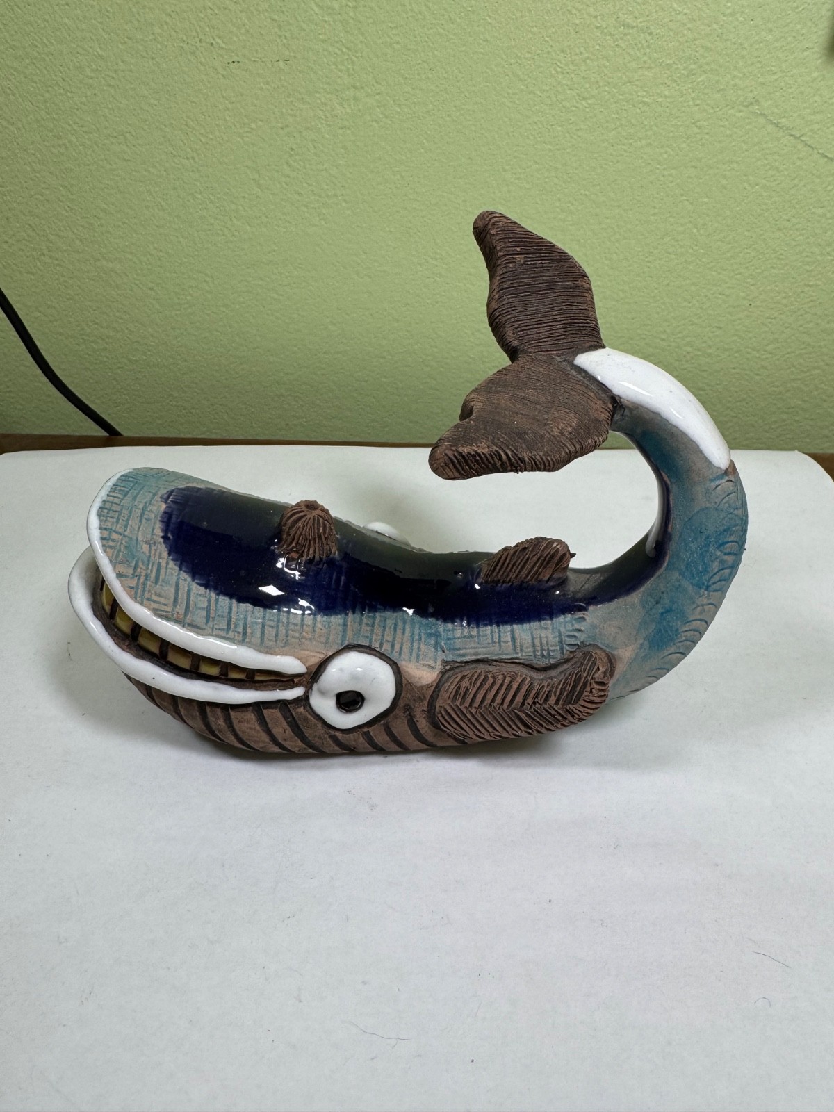Vintage Handmade Casals Peru Smiling Whale Figurine • Ceramic Folk Art Sculpture