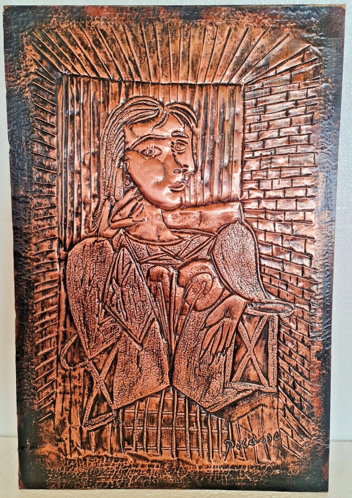 Vintage Pablo Picasso. Handmade Embossed Copper, 40cm x 60cm. Signed. Stamped 