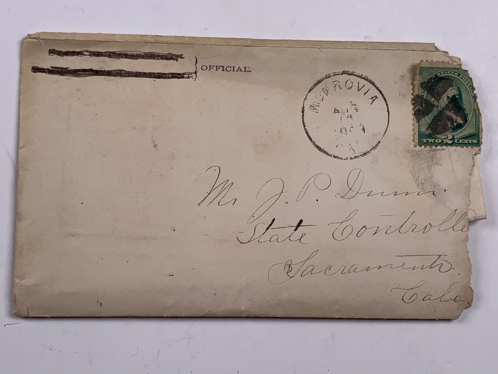Antique Letter State Controller Sacramento CA 1889