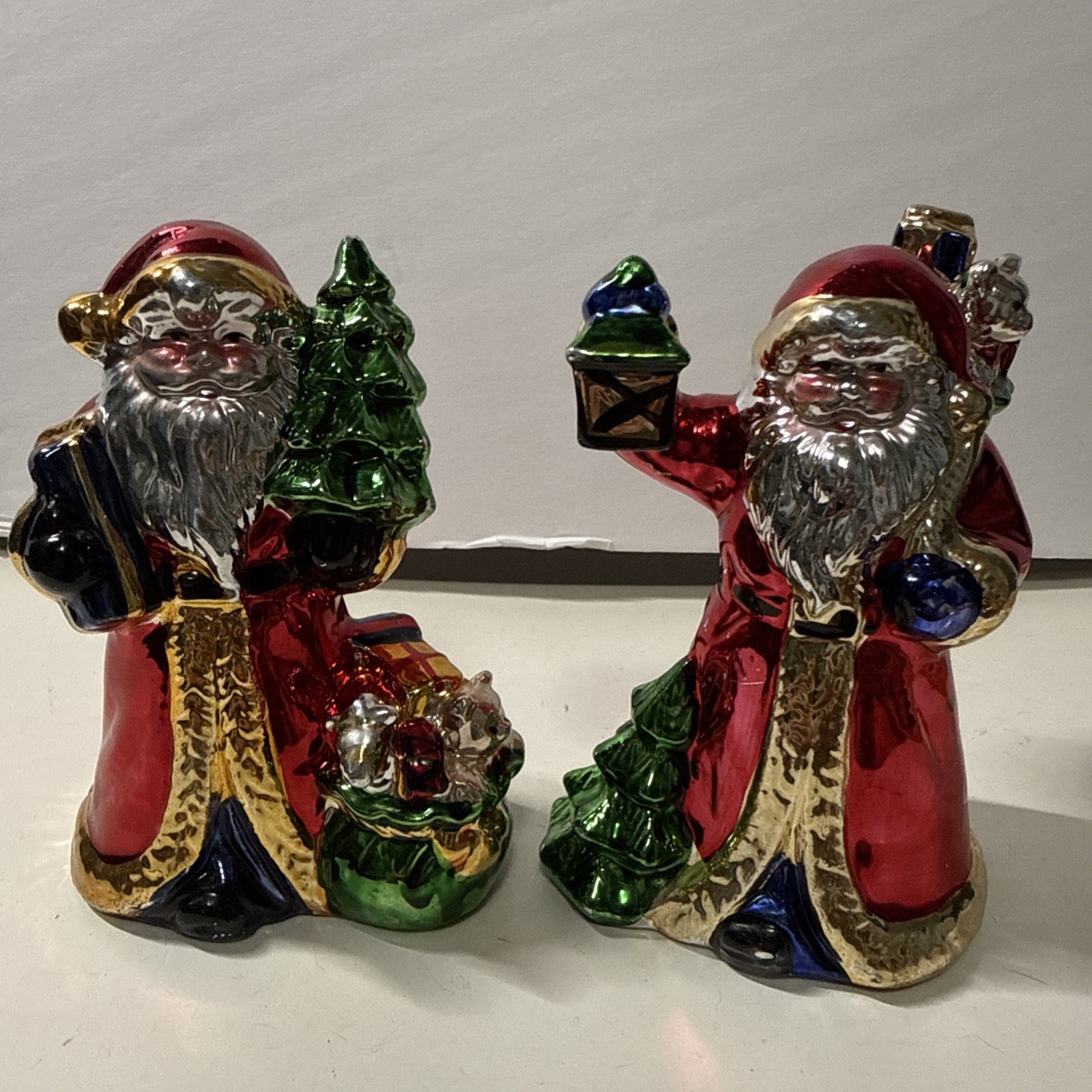 2 Vintage Shiny & Brite Metallic Chrome Ceramic Santas Christmas Fantasy 4.5” 