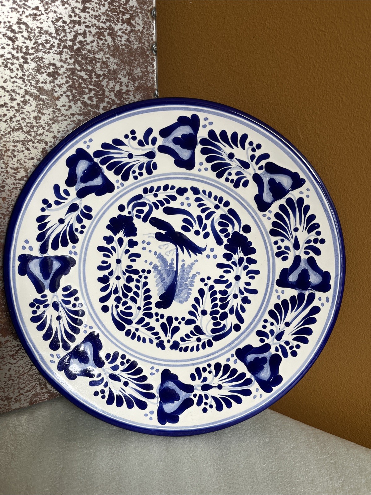 Vintage Talavera Pottery Plate  9.75” Mexican Blue Floral Puebla Mexico Signed