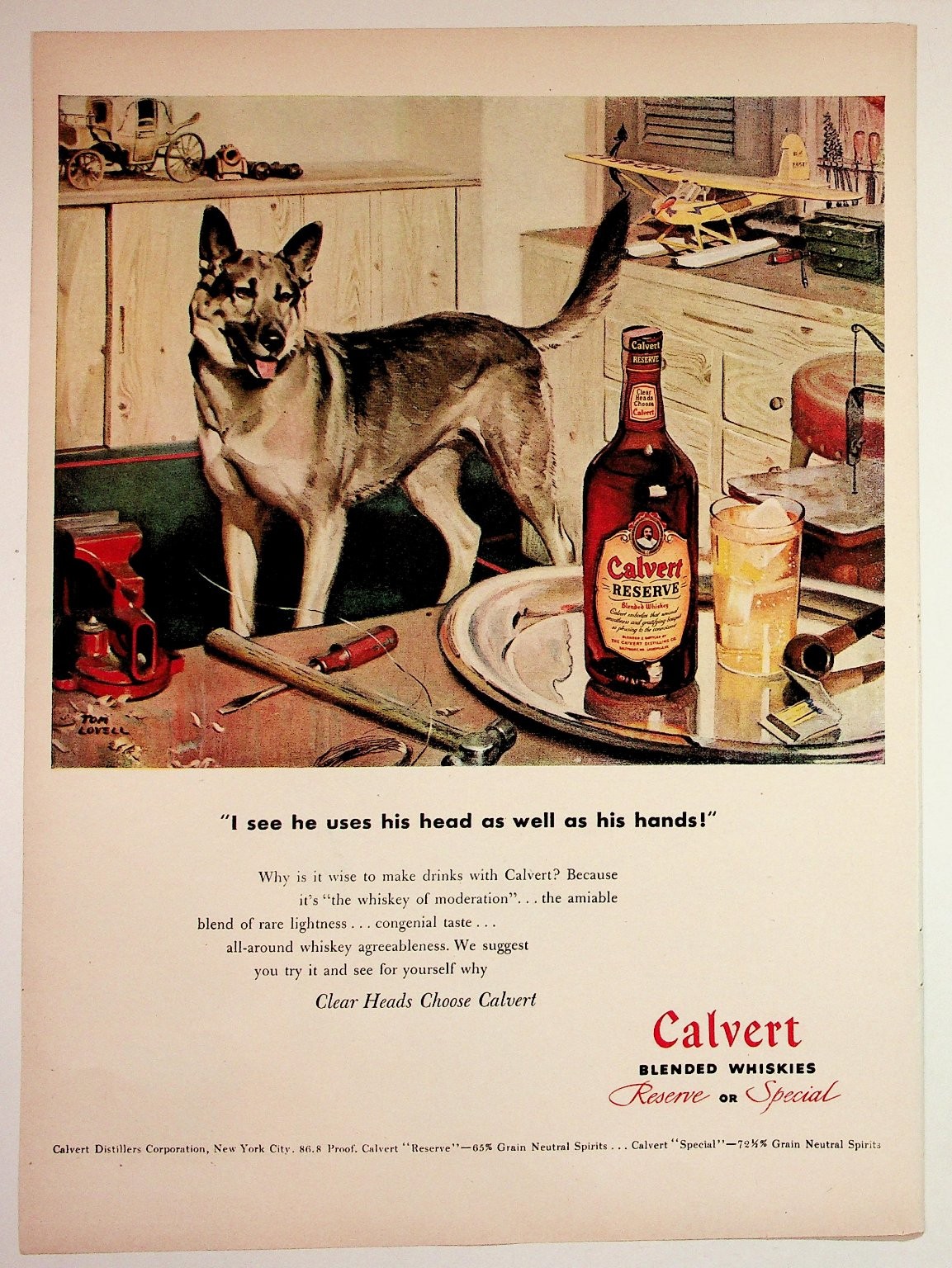 Vintage 1950s Calvert Whiskey Ad German Shepherd Dog Tom Lovell Art NYC Alcohol