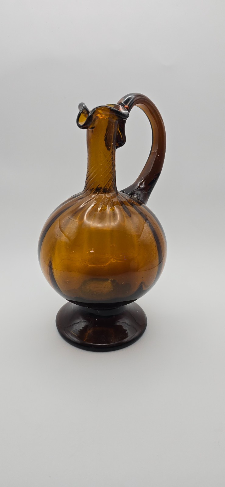 Vintage Amber Glass Hand Blown Pedestal Ewer Pitcher Ruffled Rim Ribbed 8 Vintage Amber Glass Hand Blown Pedestal Ewer Pitcher Ruffled Rim Ribbed 8