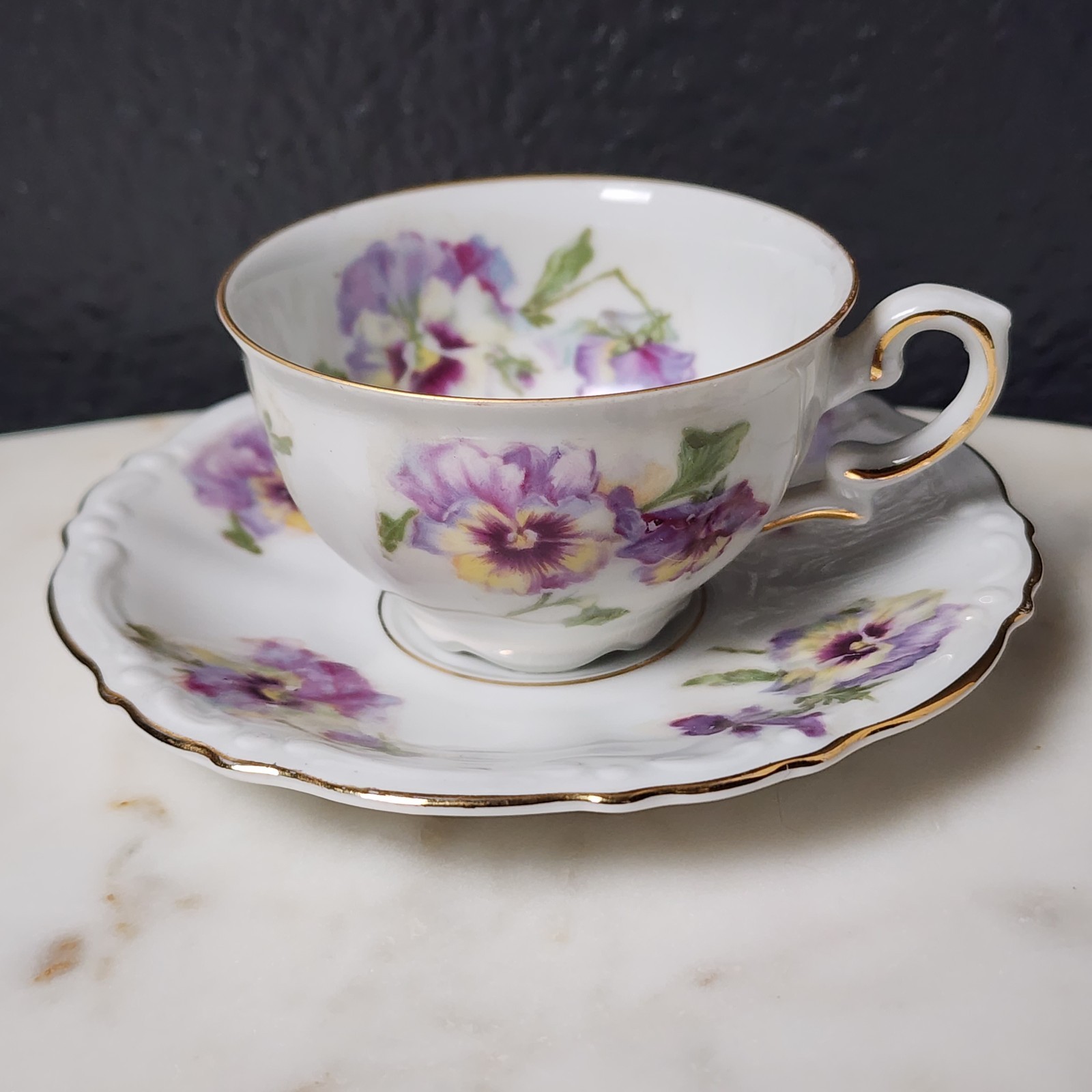 Vintage Tea Cup  Demitasse Saucer Pansies Gold Germany 1949-55 Parbus Bavaria