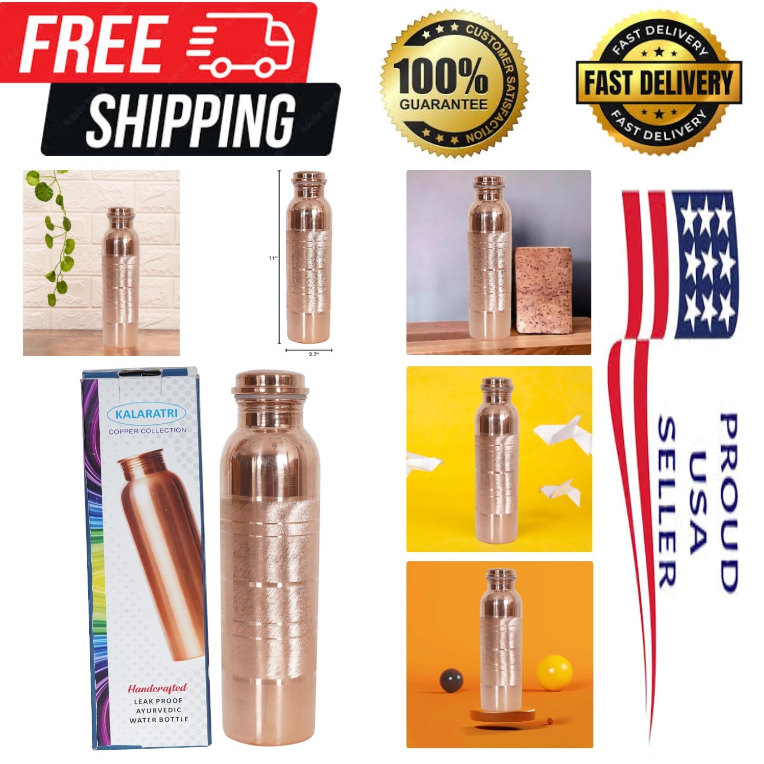 Elegant 34 Oz Leak-Proof Copper Water Bottle - Handmade Wellness Solution